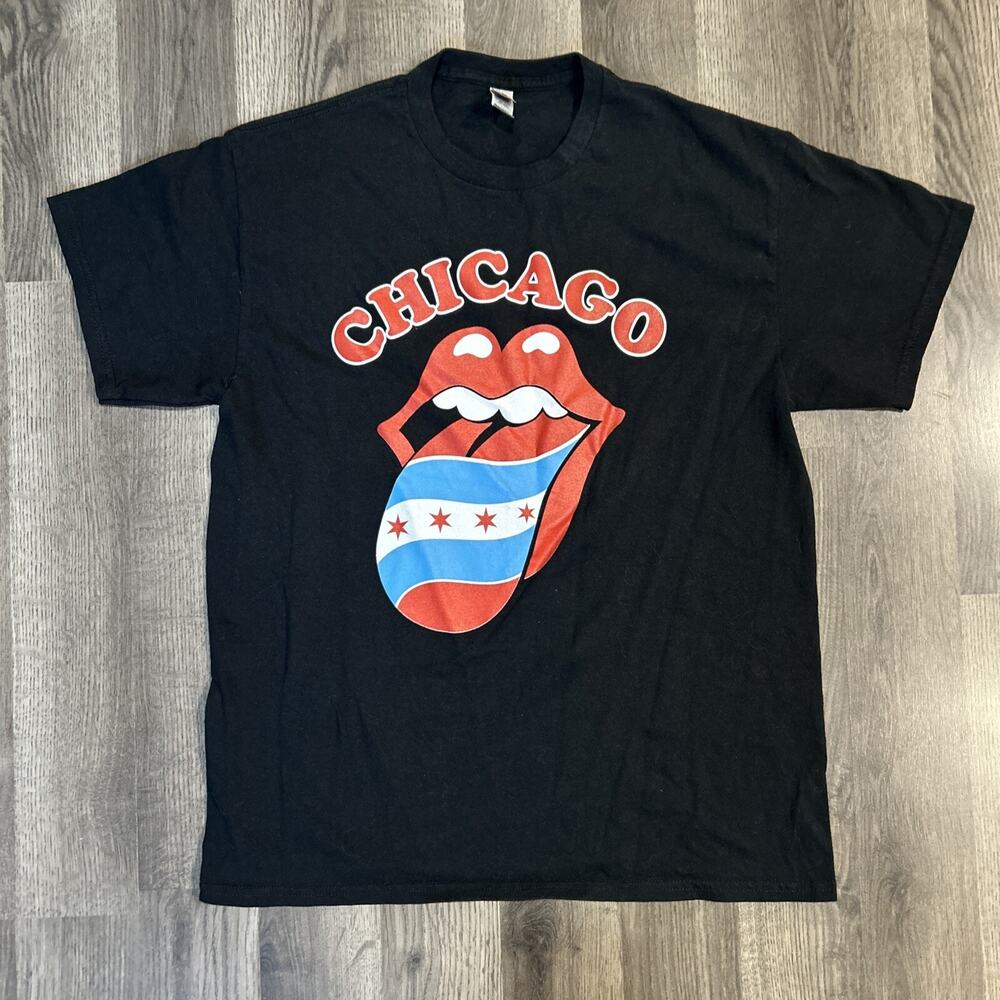 Chicago Flag Tongue Rolling Stones Black T Shirt Men’s Size Large